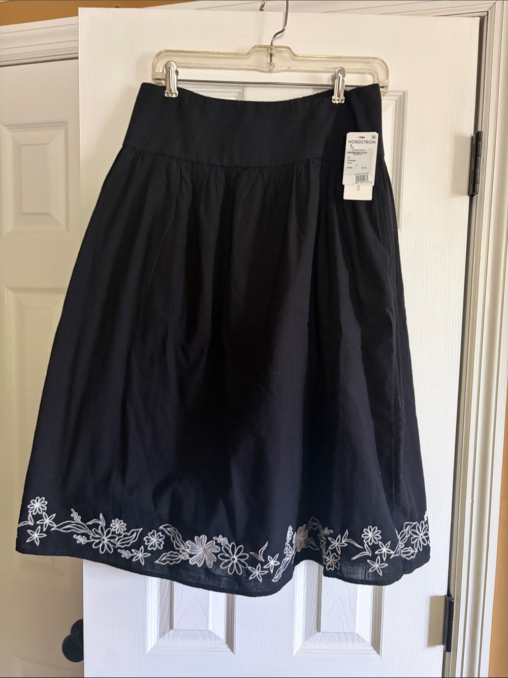 Nordstrom Black A-Line Skirt with White Floral Hem Embroidery